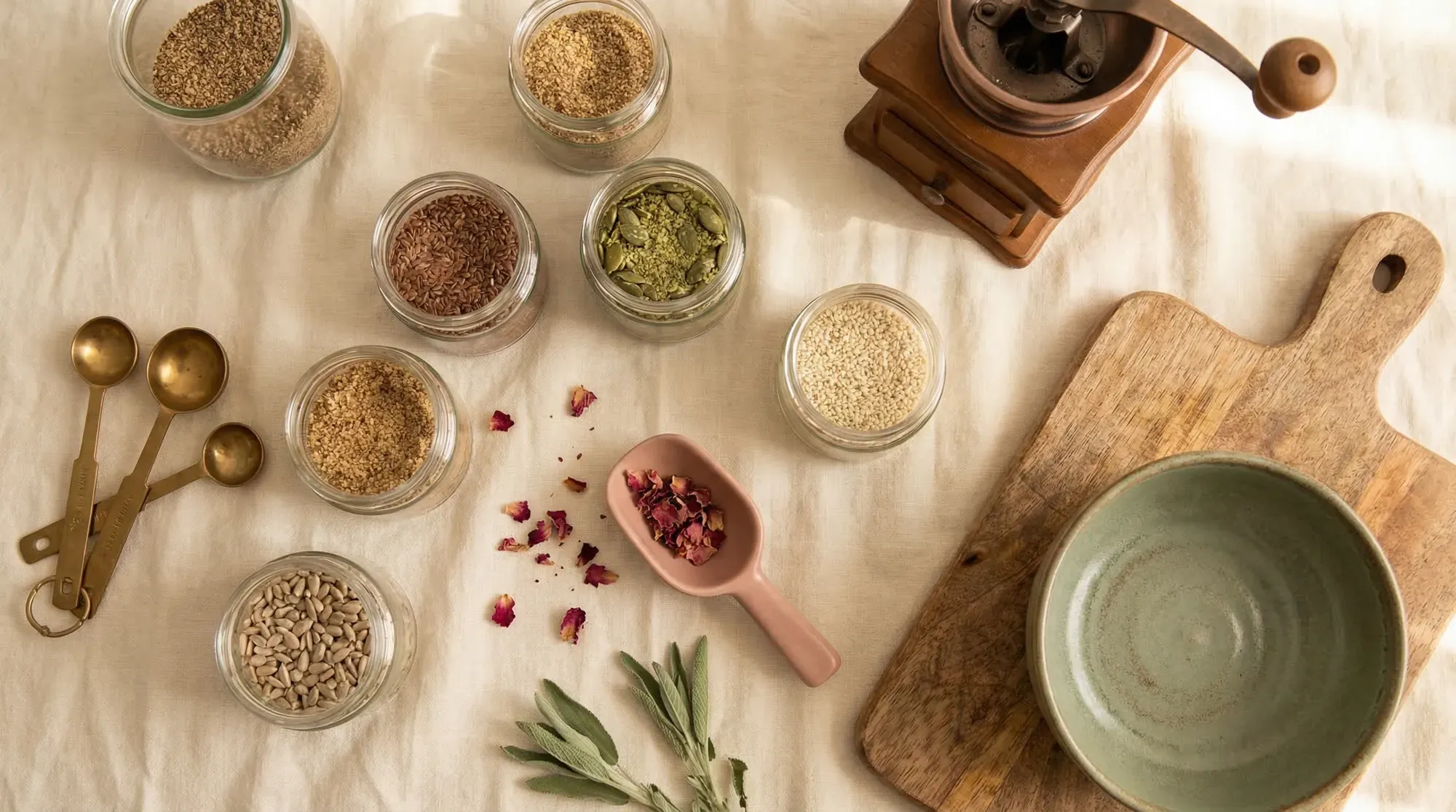 Hands grinding seeds with jars of different seeds on counter