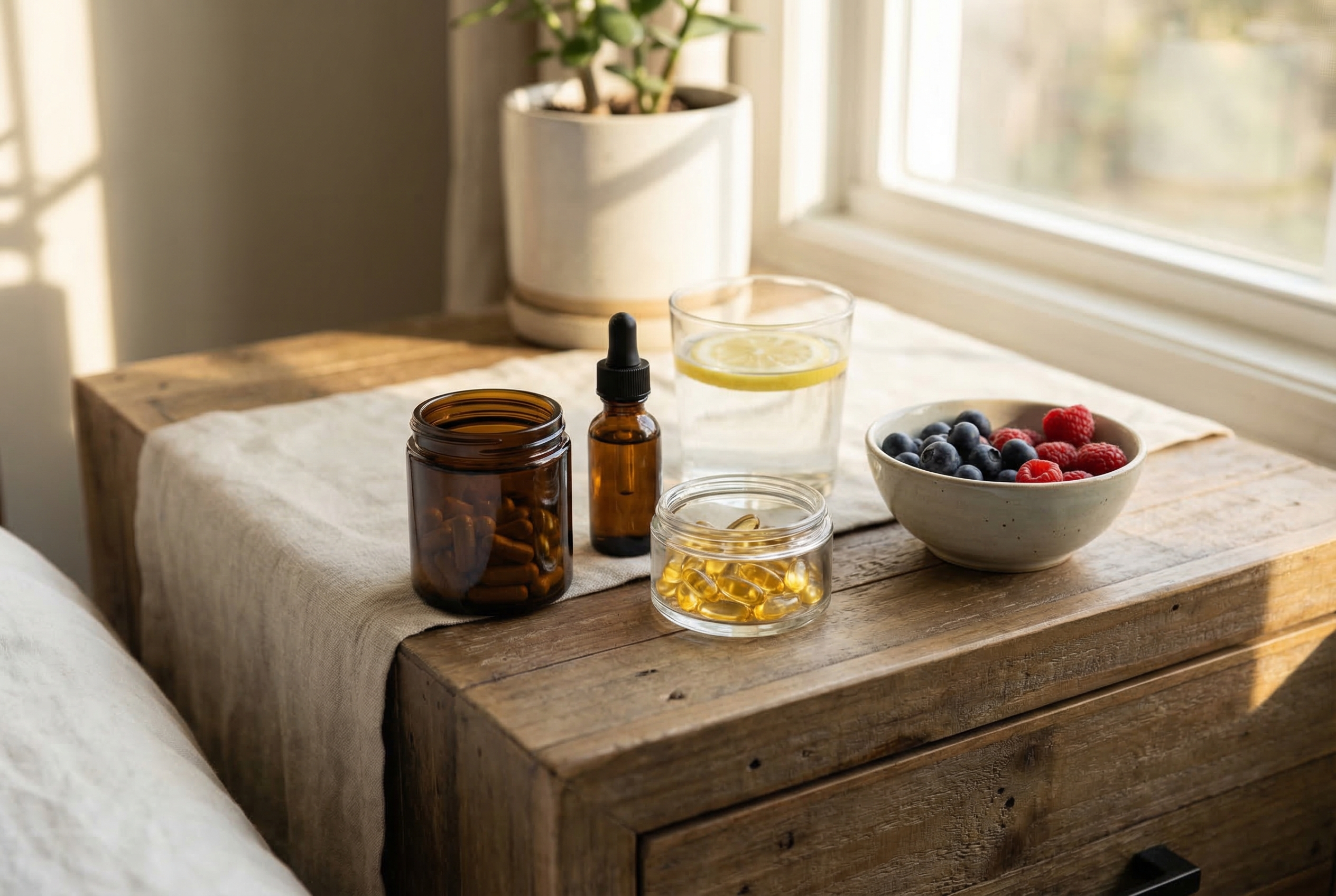 Morning supplement routine with CoQ10, vitamin D, and omega-3 capsules arranged next to a glass of water and fresh fruit on a sunlit bathroom counter