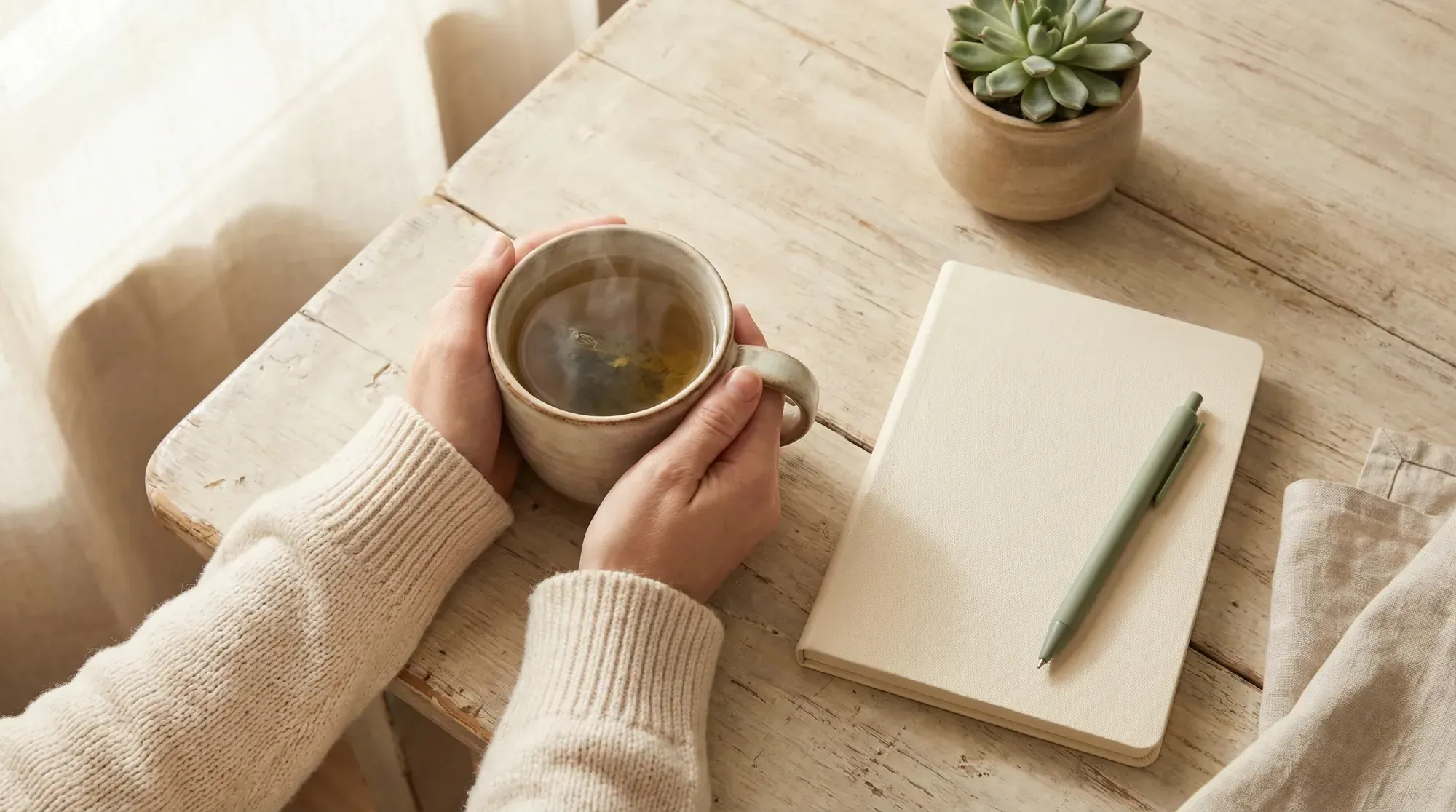 Cycle tracking journal with herbal tea on a wooden desk — natural wellness lifestyle