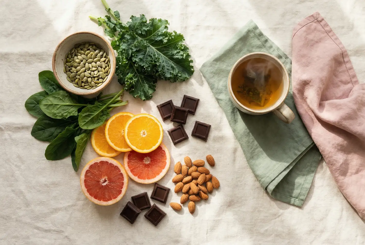 Fertility-supporting foods for the luteal phase including pumpkin seeds, leafy greens, citrus fruits, dark chocolate, and almonds