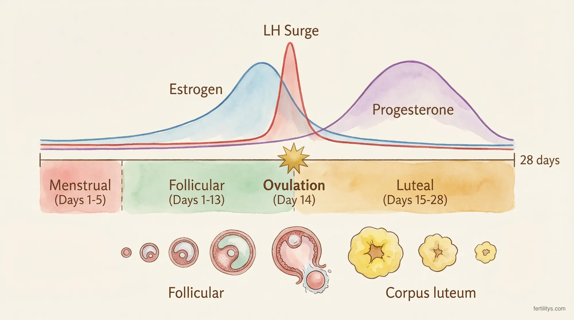 Menstrual cycle diagram showing hormone levels, ovulation timing, and follicle development across 28 days