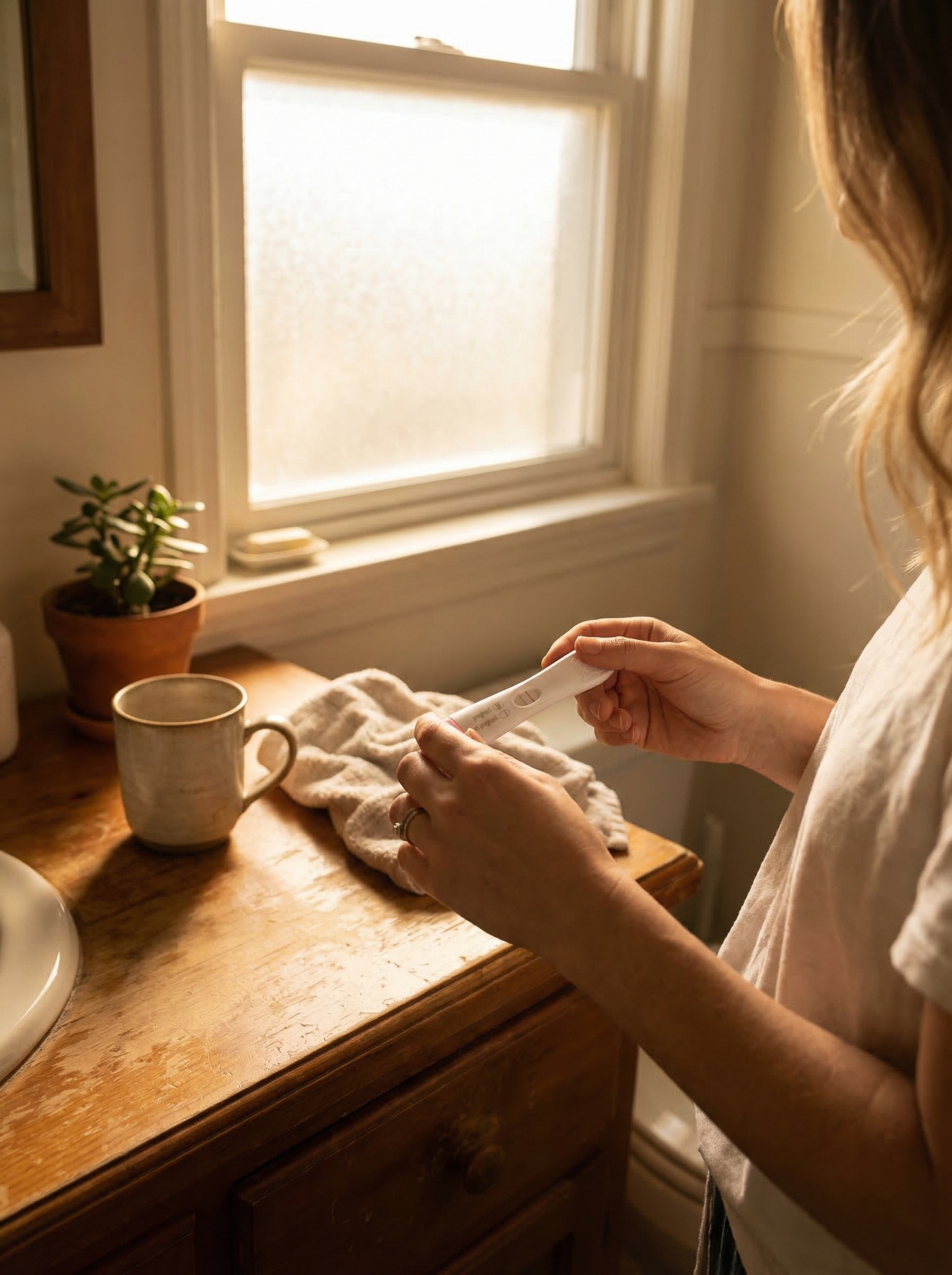 Woman holding a pregnancy test beside herbal tea in warm morning light