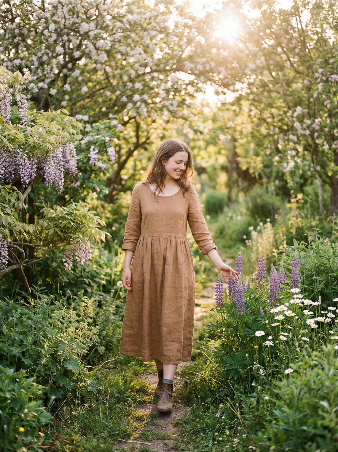 Pregnant woman sitting on a park bench surrounded by spring blossoms
