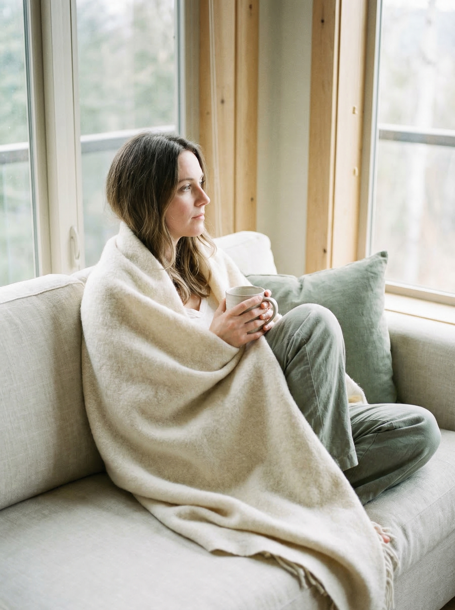 Woman sitting in morning light with tea during the two-week wait — 9 DPO symptoms and testing guide