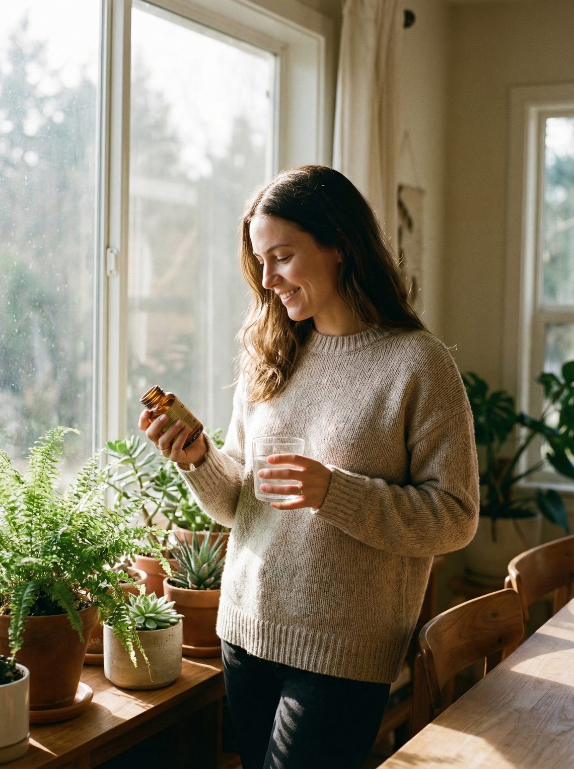 CoQ10 supplement softgels in amber glass bottle with spinach and berries on marble surface