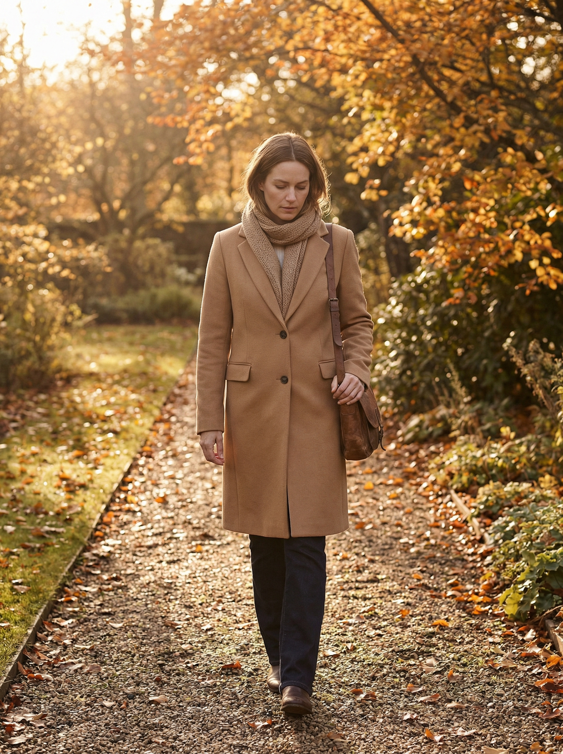 Woman walking thoughtfully through an autumn garden — reflecting on early pregnancy loss