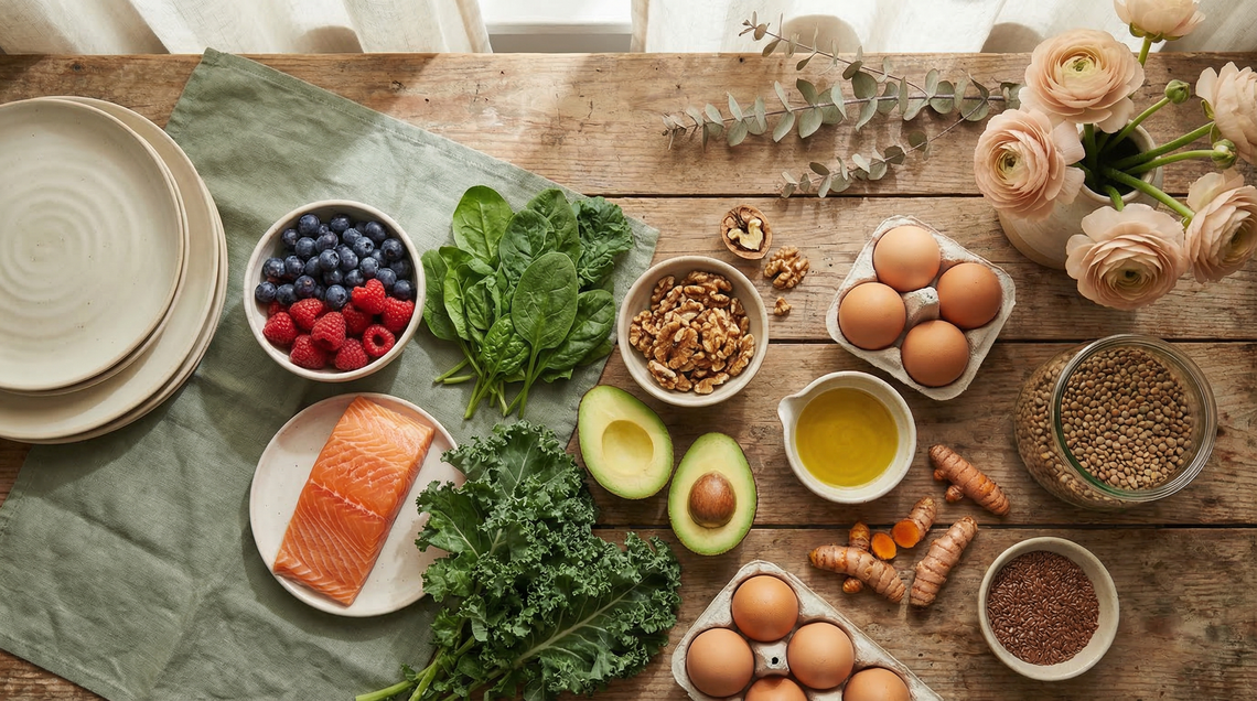 Fertility foods flat-lay with salmon, berries, leafy greens, avocado, walnuts, and olive oil on a rustic wooden table