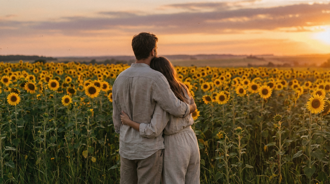 Couple sitting together in morning light, warm and intimate preconception moment