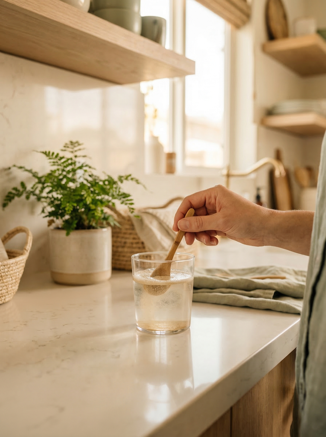 Myo-inositol supplement powder being stirred into water in a bright kitchen