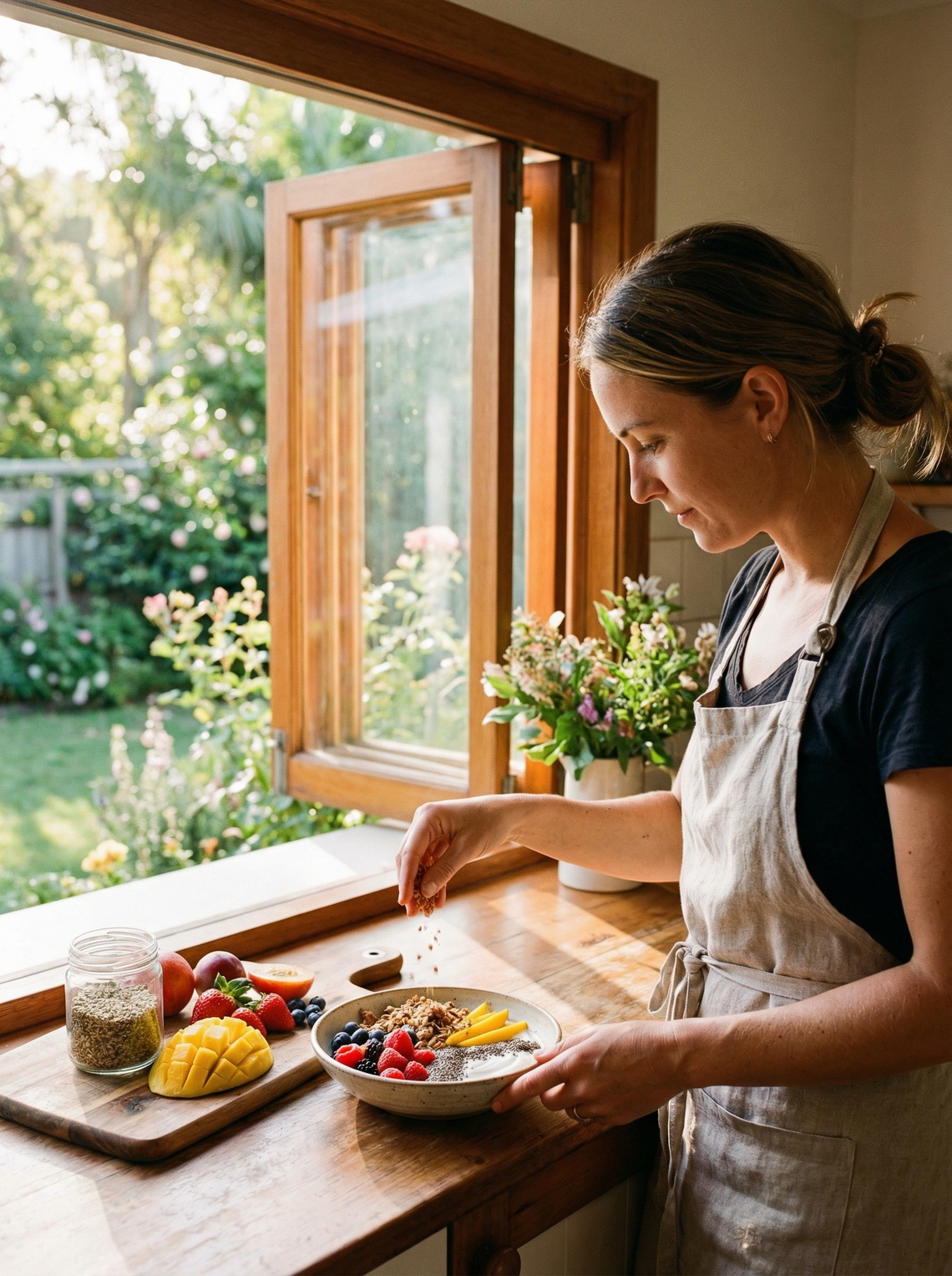 Myo-inositol supplement powder being stirred into water in a bright kitchen