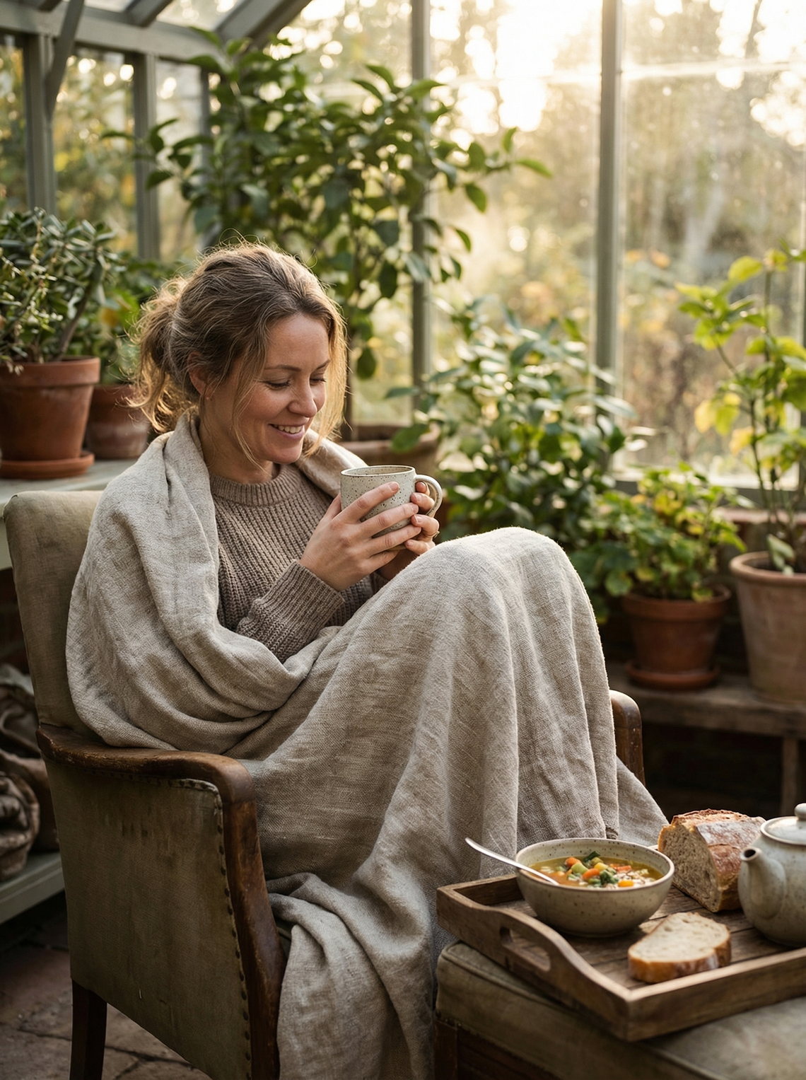 Woman sitting peacefully in a sunlit garden conservatory wrapped in a blanket with a warm mug and nourishing soup — recovery and self-care after pregnancy loss