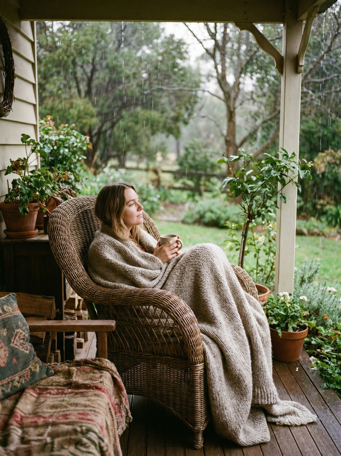 Woman sitting on bed in natural morning light with hands on abdomen