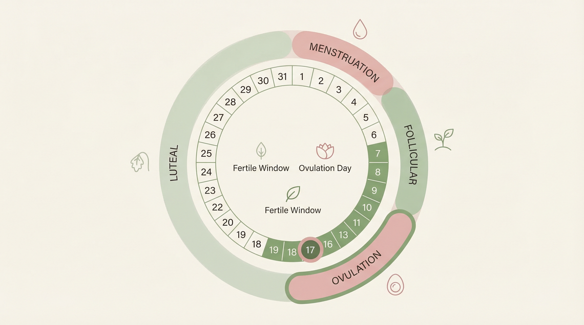 Menstrual cycle diagram showing fertile window and ovulation day with phase labels