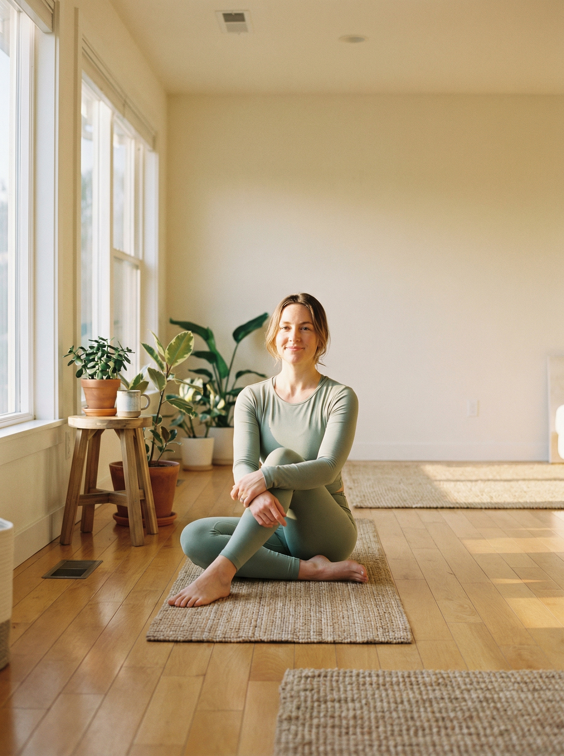 Woman practicing gentle yoga at home — natural relief for ovulation discomfort