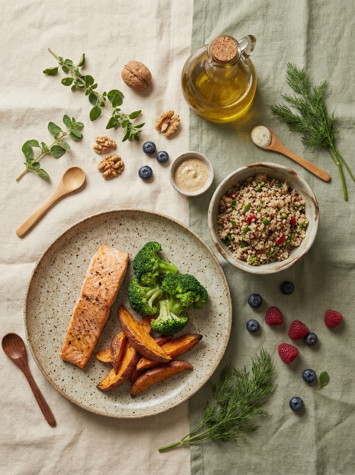 Mediterranean-style PCOS-friendly meal spread with salmon, sweet potato, and vegetables