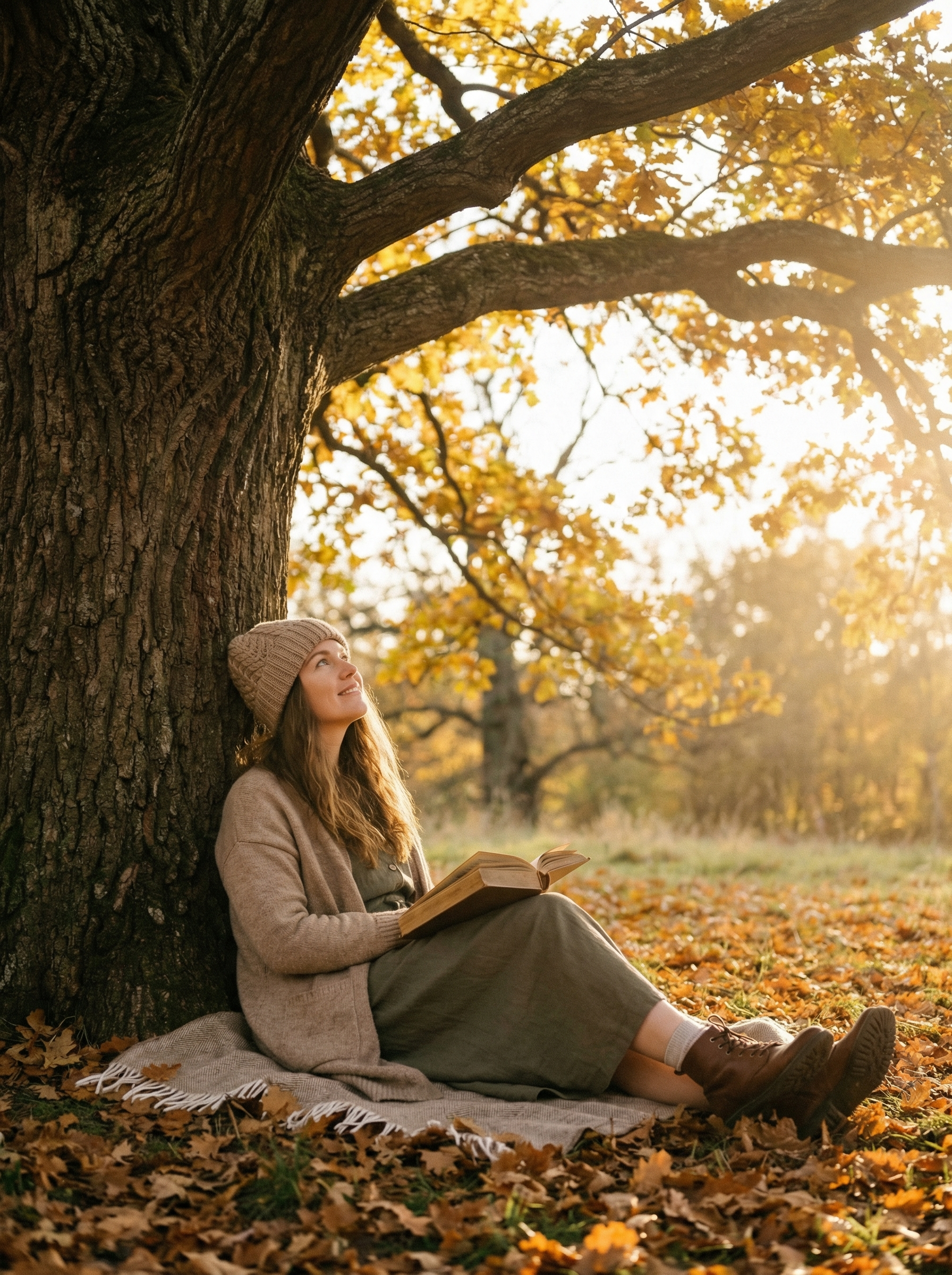 Woman wrapped in a cream blanket holding herbal tea in warm morning light, contemplative and peaceful
