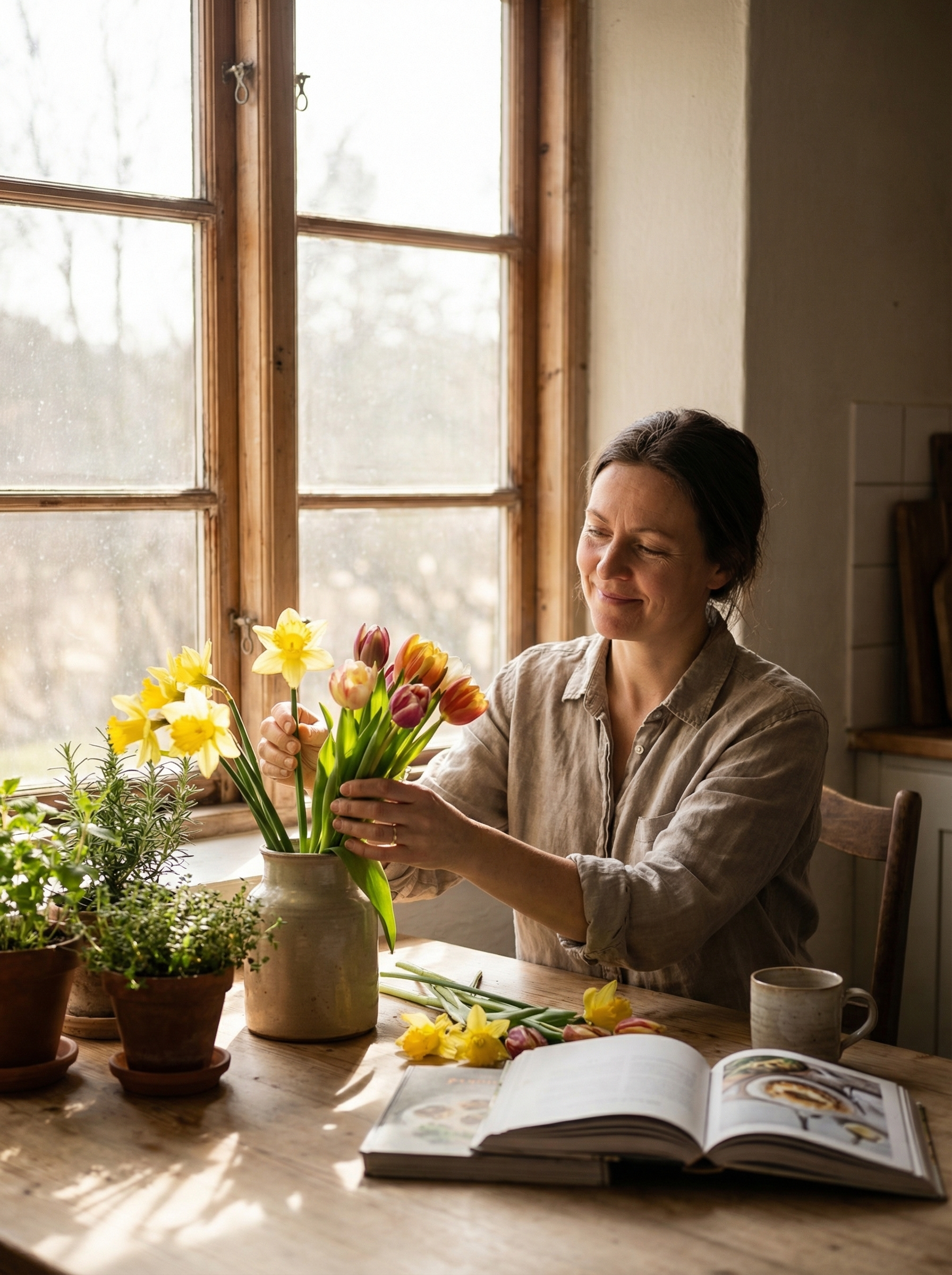 Woman holding a pregnancy test in soft natural light, hopeful moment during the two-week wait
