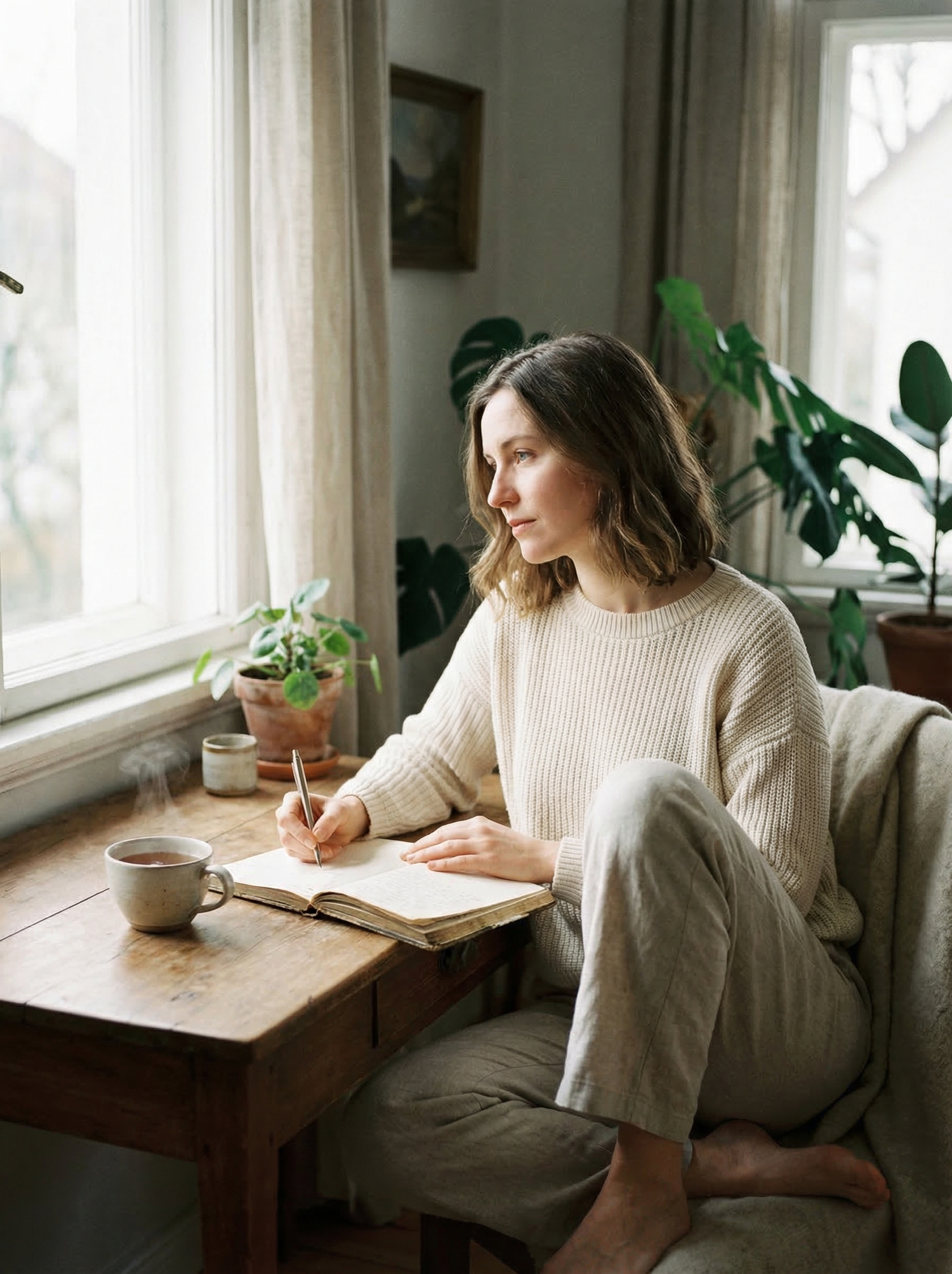 Cozy flat-lay with herbal tea, journal, and succulent — the calm side of the two-week wait at 8 DPO