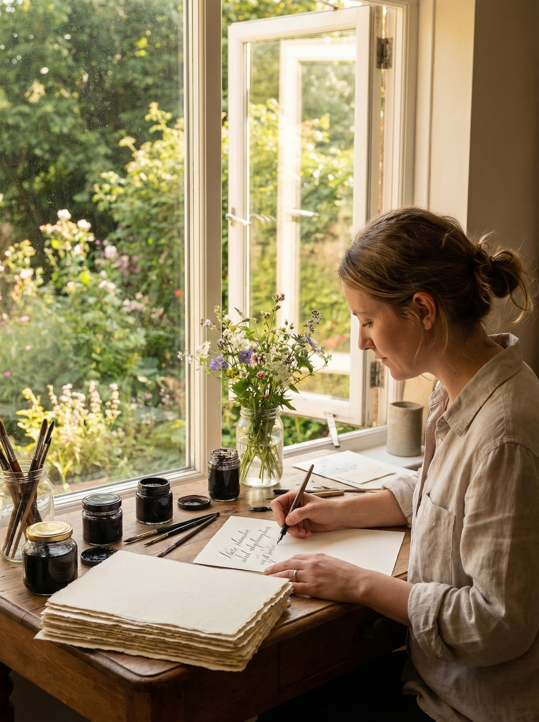 Woman in a cream linen robe holding herbal tea in morning light — wellness lifestyle