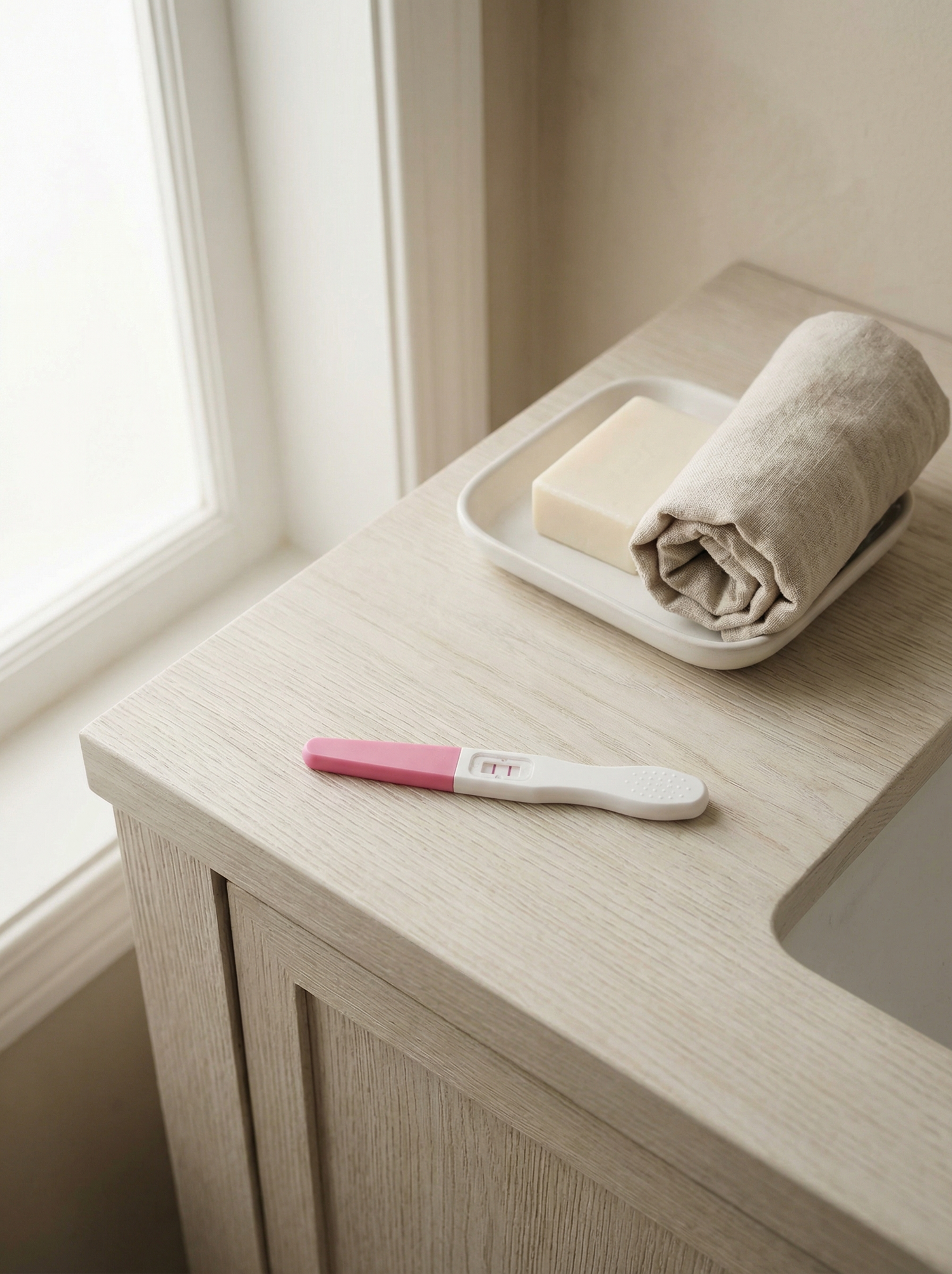 Pregnancy tests showing results on a bathroom counter — understanding faint lines