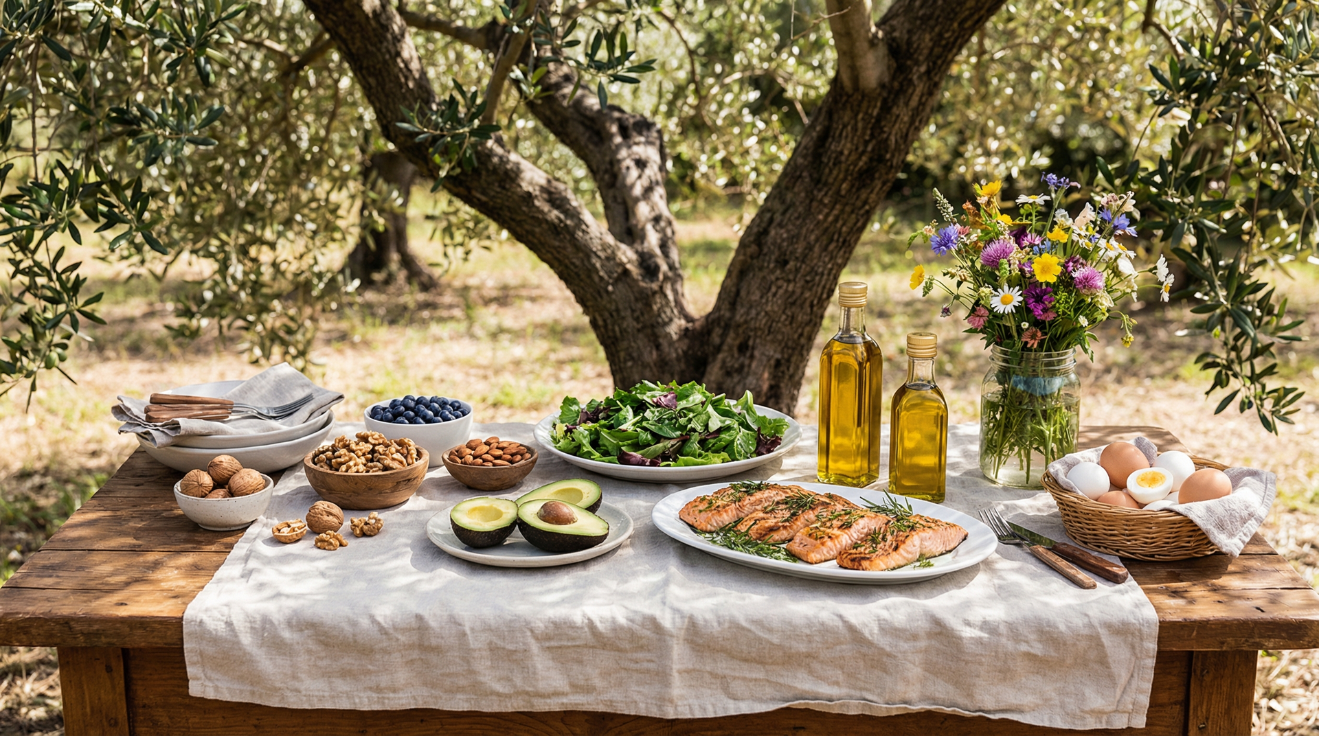 Fertility foods flat-lay with salmon, berries, leafy greens, avocado, walnuts, and olive oil on a rustic wooden table
