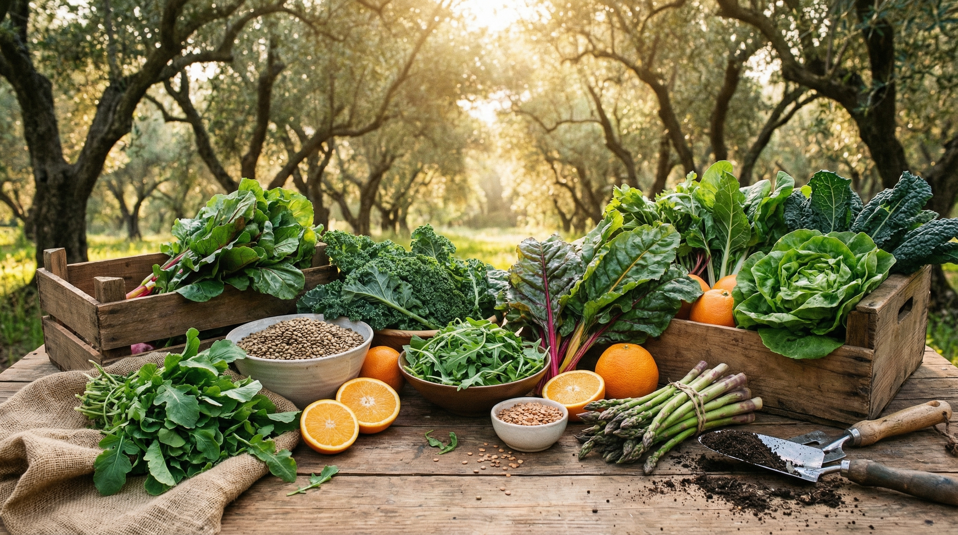 Flat lay of fresh folate-rich foods including spinach, asparagus, lentils, avocado, and broccoli on a rustic wooden table