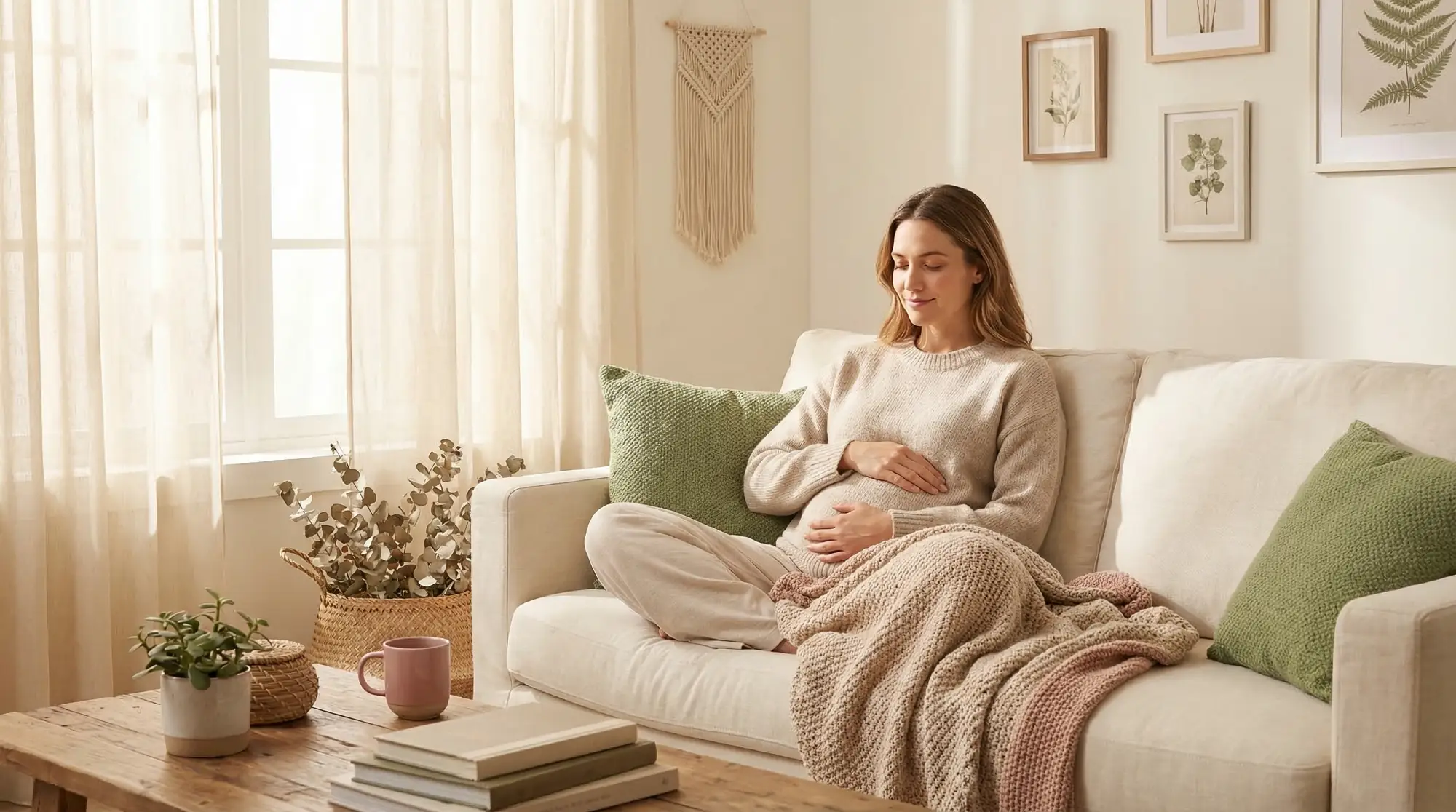 Woman resting on sofa with hands on lower abdomen during the two-week wait