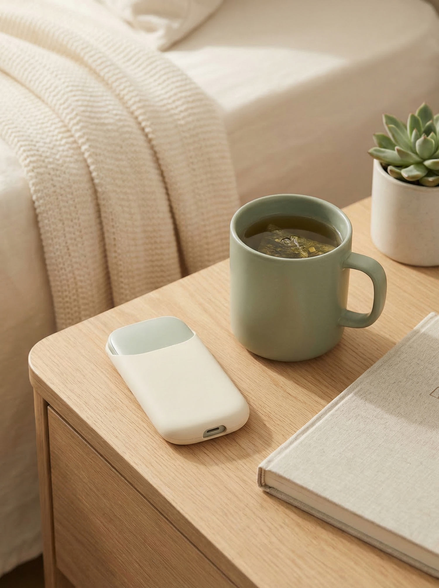 Inito Fertility Monitor clipped onto a phone next to a test strip and tea — product review