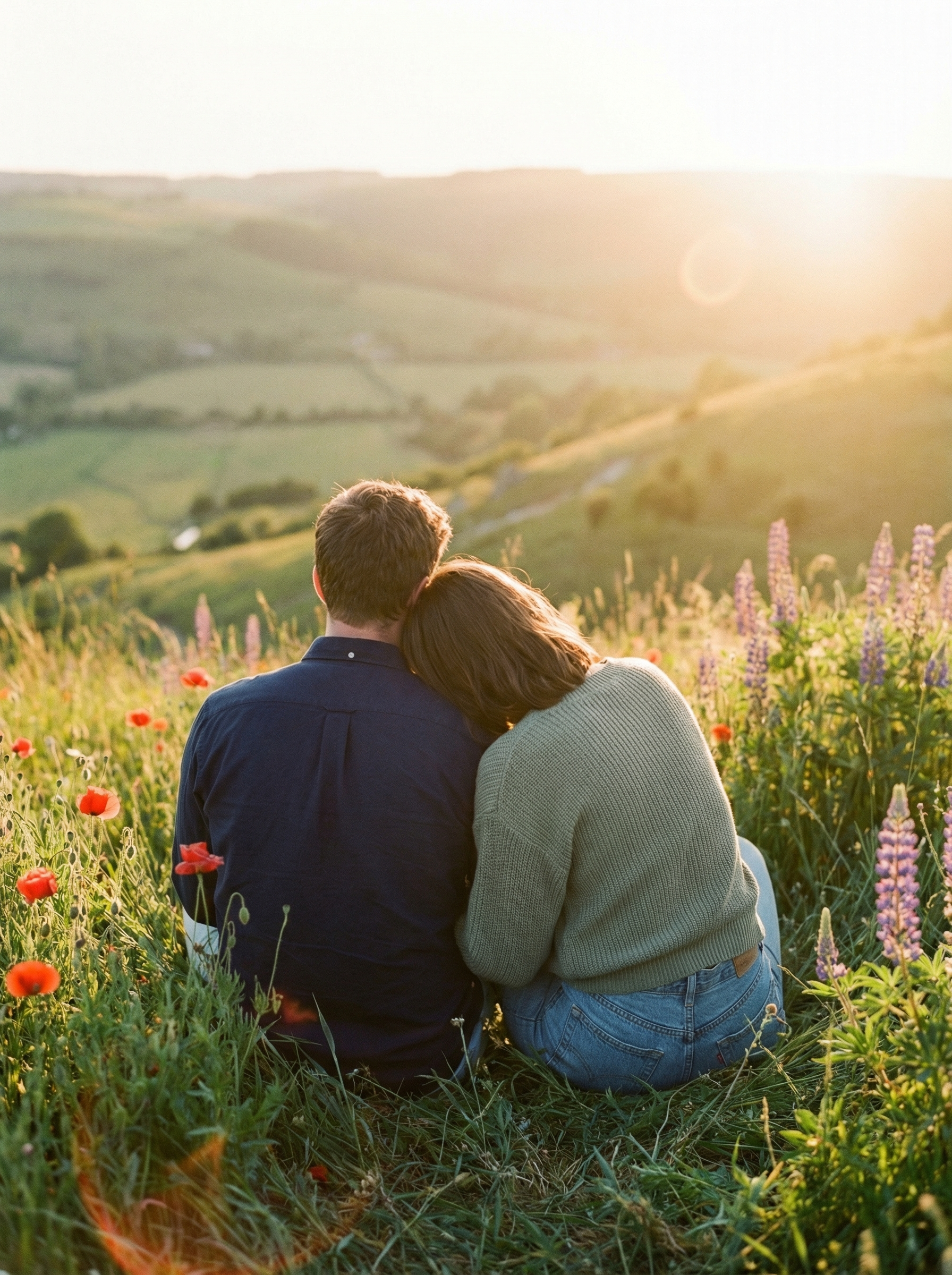 Couple sitting together outside a modern fertility clinic, holding hands
