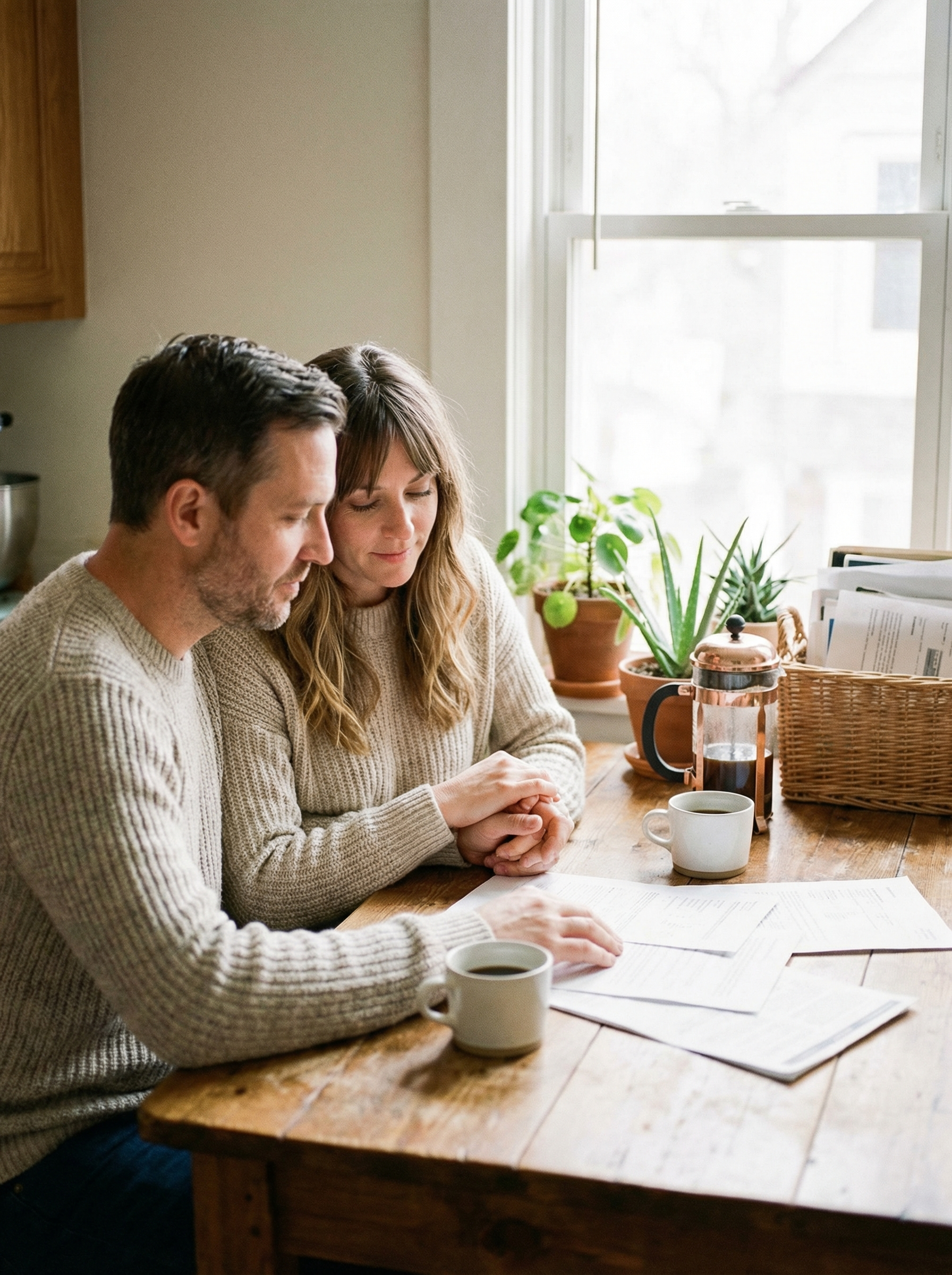 Woman at desk reviewing fertility clinic paperwork and costs on laptop