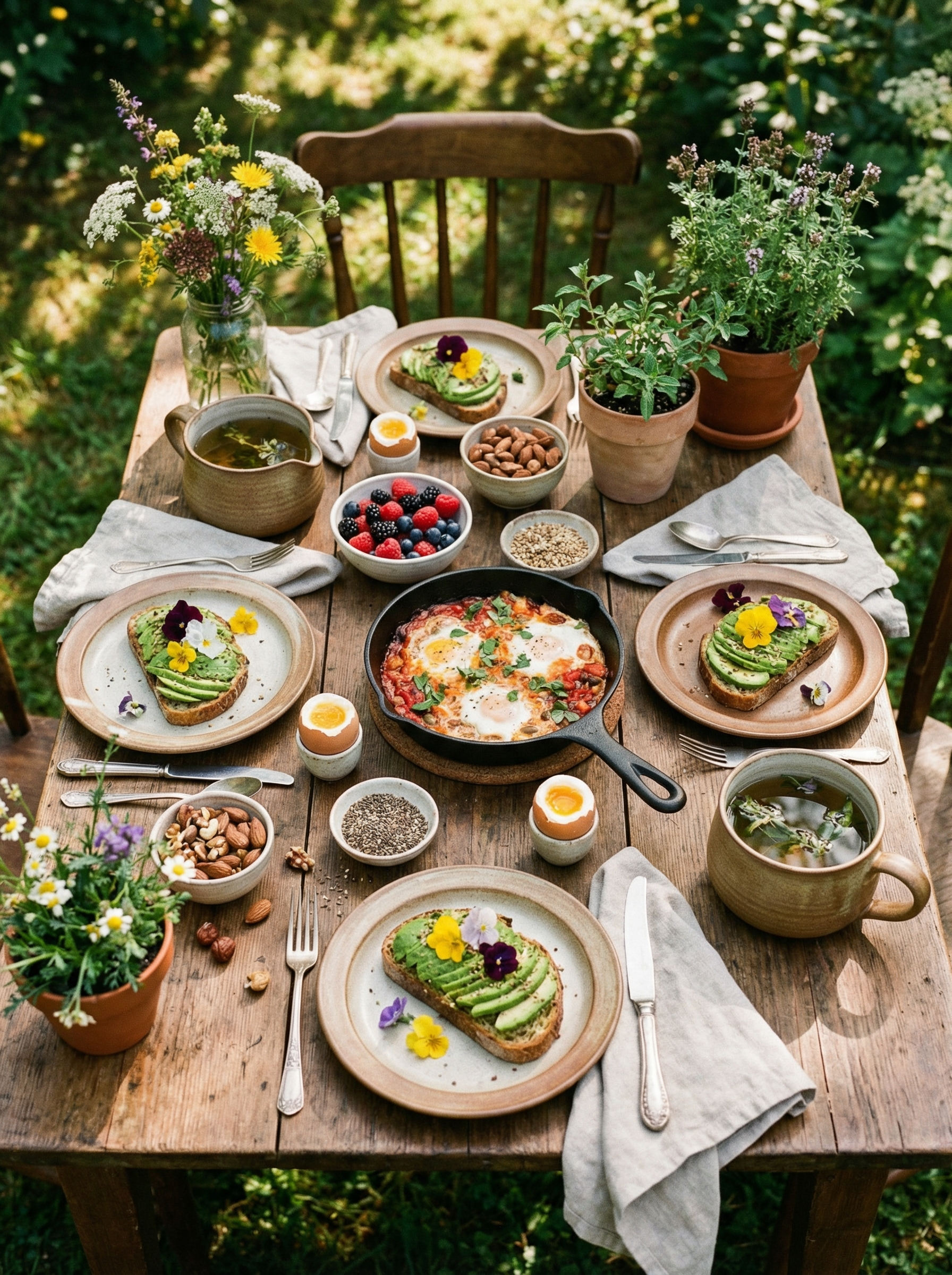 PCOS-friendly breakfast spread with eggs, avocado toast, yoghurt bowl and herbal tea