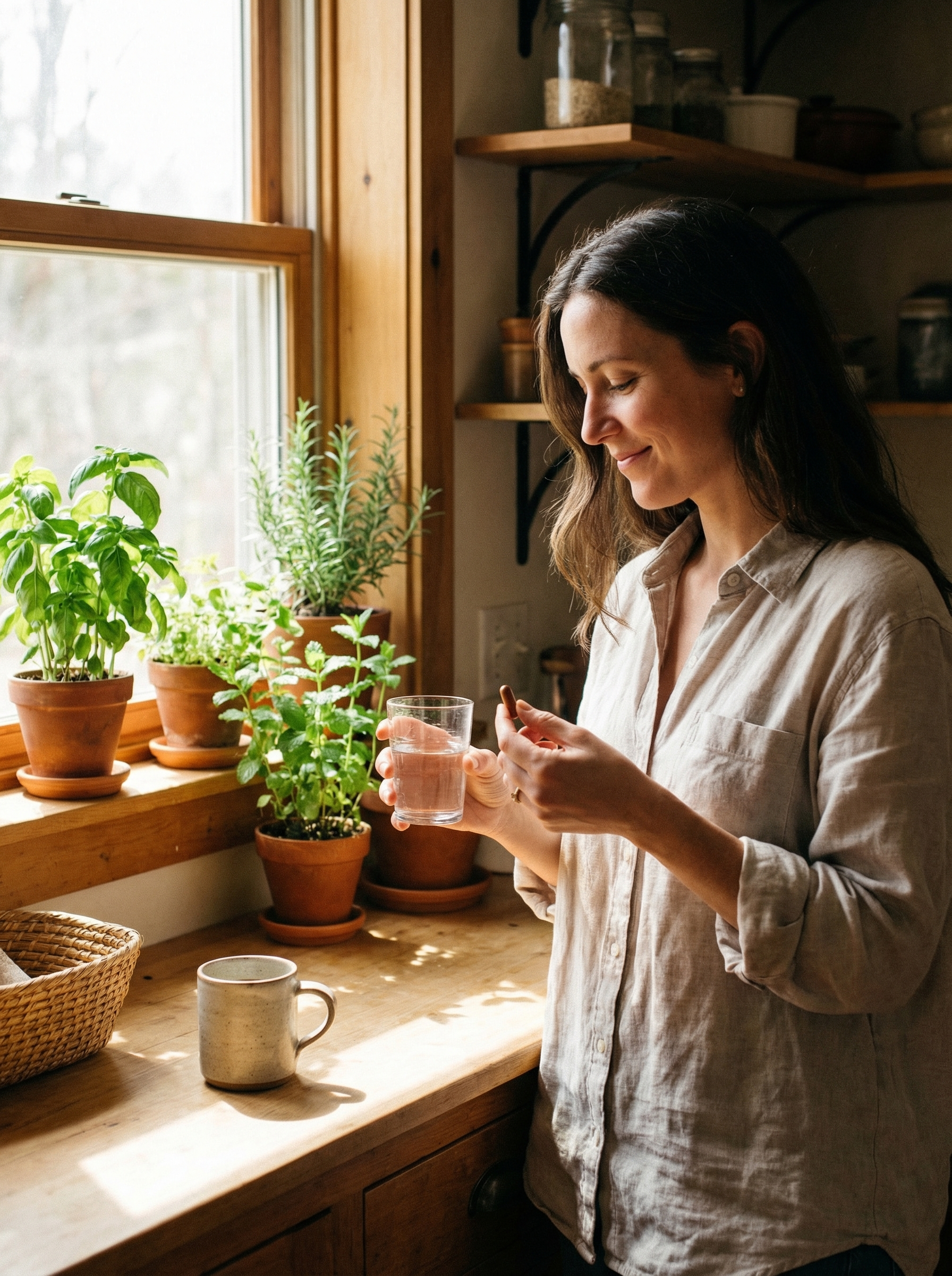 Woman opening a glass jar of prenatal vitamin supplements on a wooden kitchen counter with fresh greens nearby