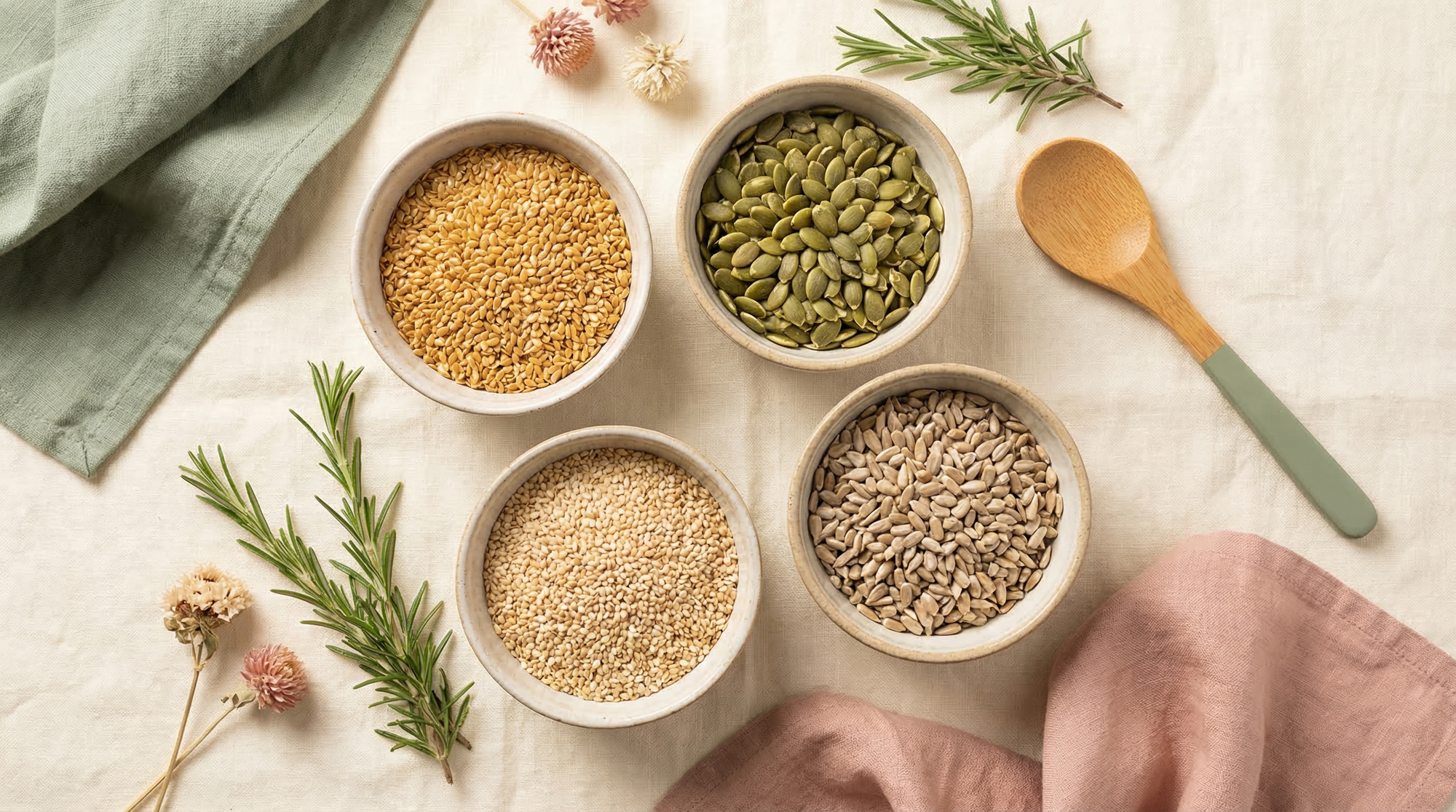 Four ceramic bowls of seeds used in seed cycling — flaxseeds, pumpkin seeds, sesame seeds, and sunflower seeds — arranged on a cream linen background