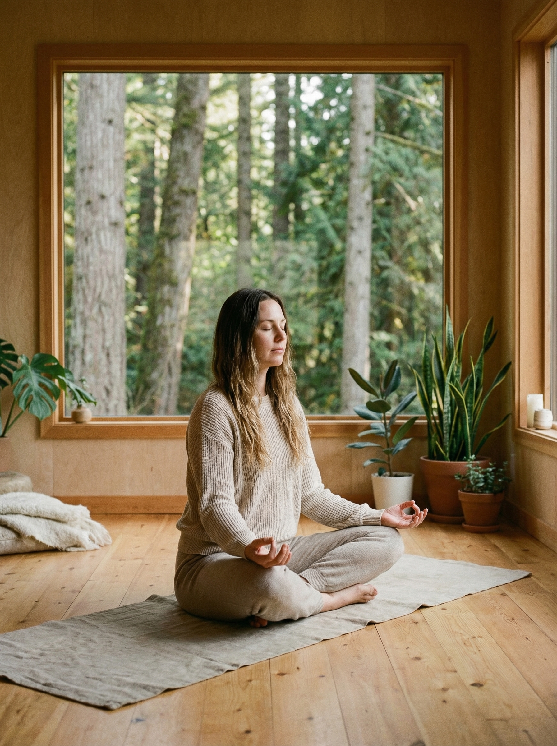 Woman sitting at a sunlit desk with eyes closed, hands on journal, taking a mindful breath surrounded by plants
